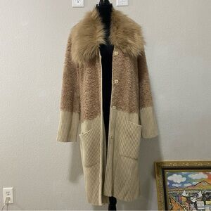Love Token Tan and Cream Teddy Jacket, Boho, Sz L, Faux Fur Collar